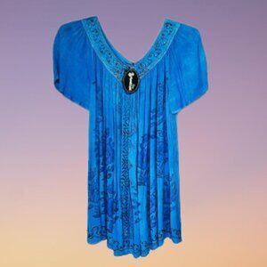 NWT Shoreline Turquoise V-Neck Embroidered Tunic - 1X